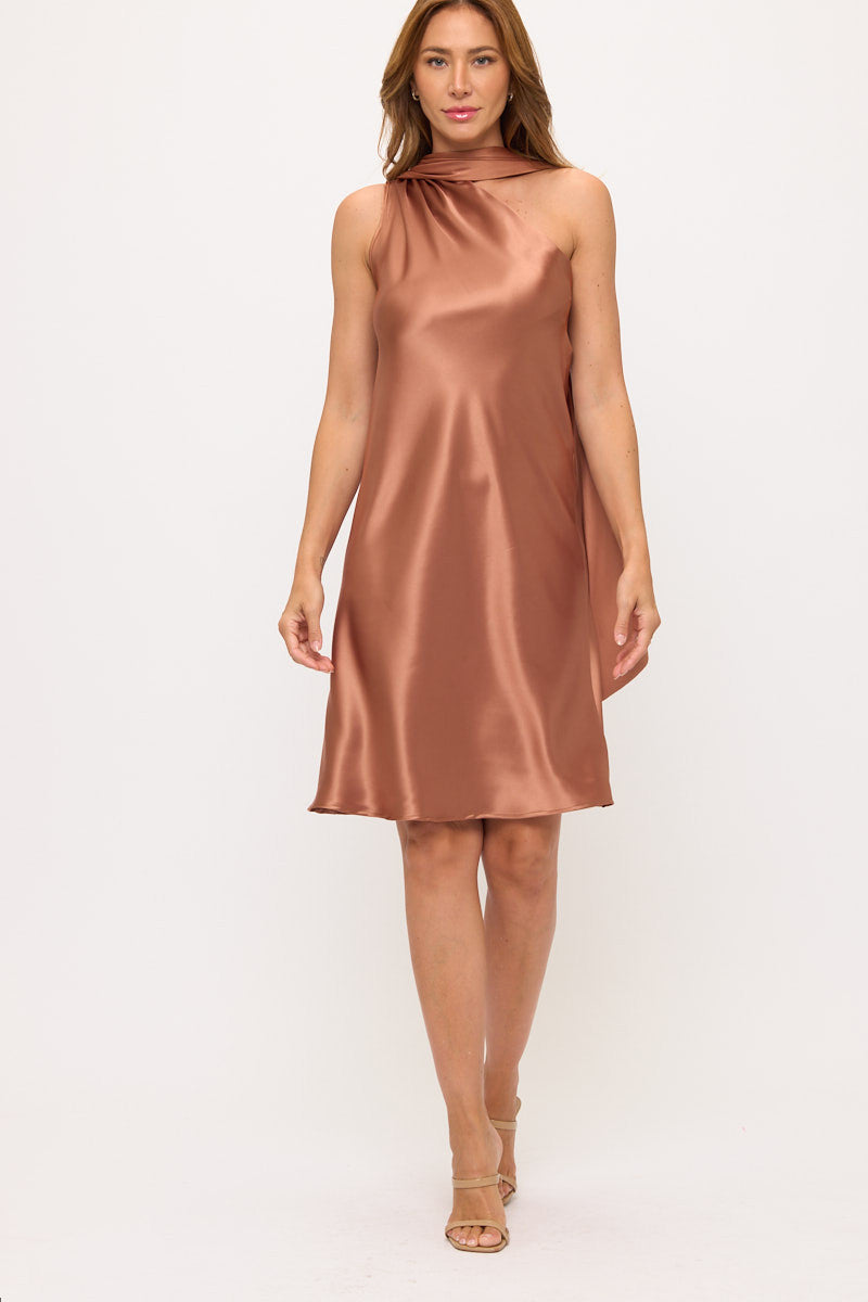 One Shoulder Satin Dress with Scarf-0