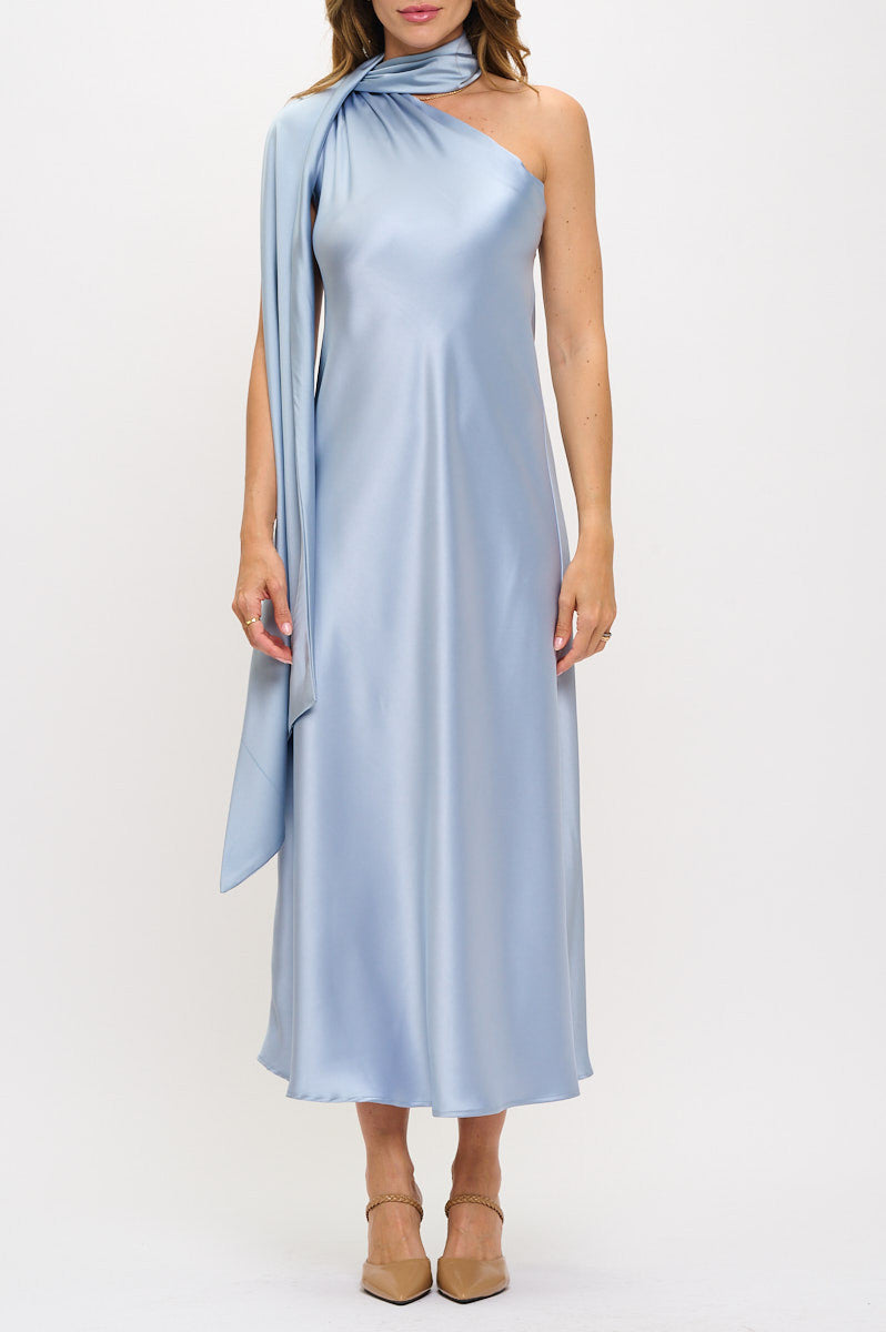 One Shoulder Satin Maxi Dress with Scarf Detail-Dresses-Reneecollection-Small-STEEL-Urbanheer
