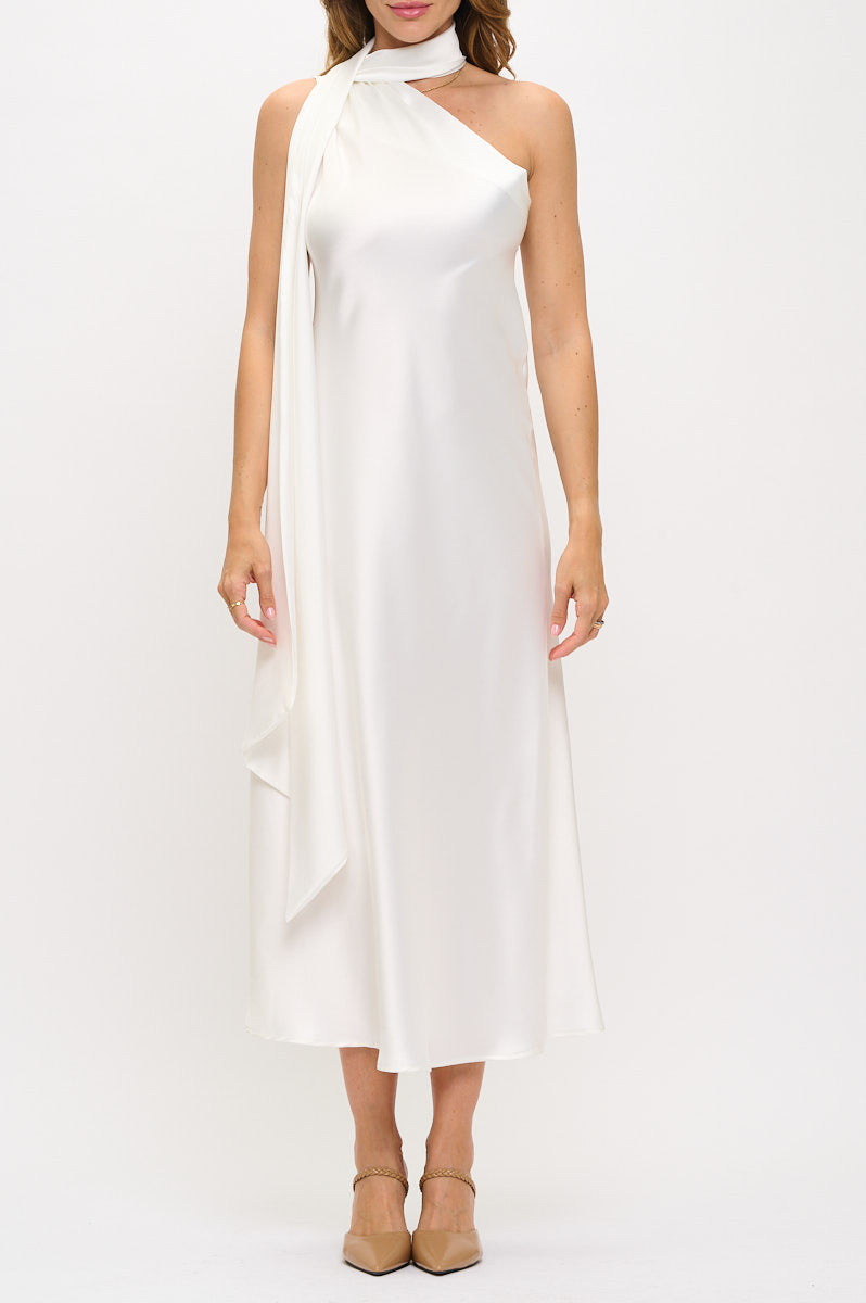 One Shoulder Satin Maxi Dress with Scarf Detail-Dresses-Reneecollection-Small-IVORY-Urbanheer