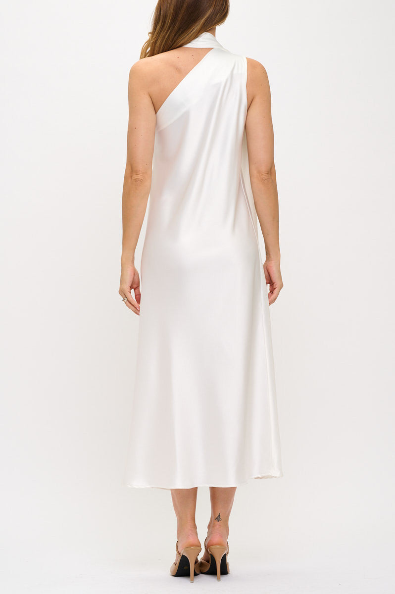 One Shoulder Satin Maxi Dress with Scarf Detail-Dresses-Reneecollection-Small-IVORY-Urbanheer