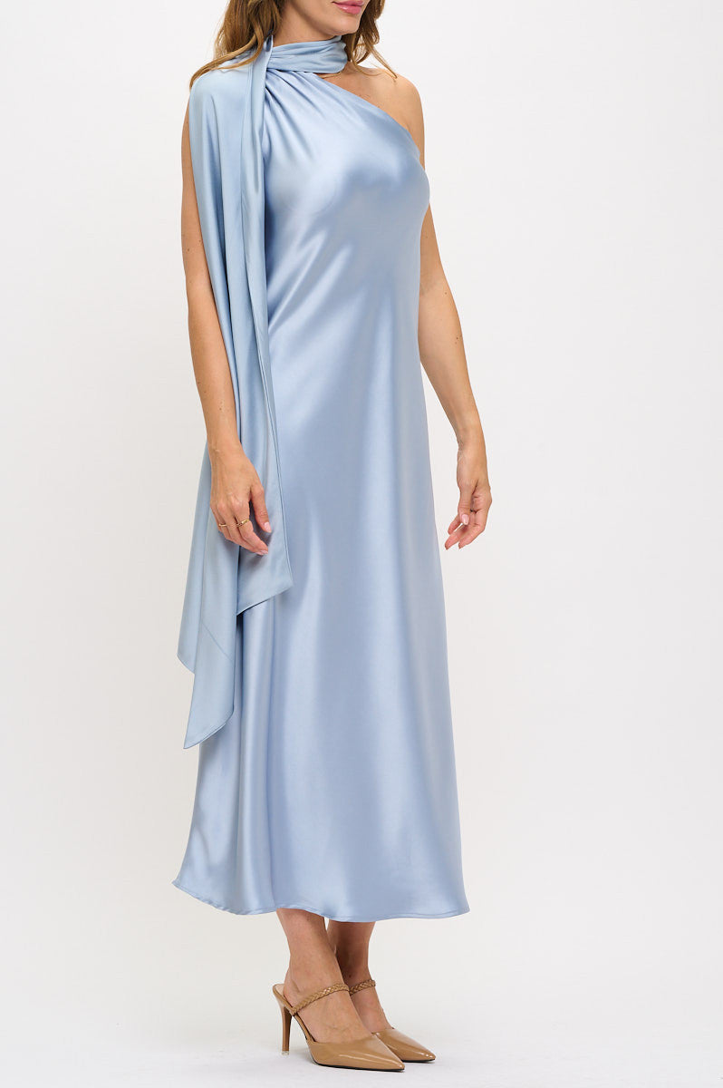 One Shoulder Satin Maxi Dress with Scarf Detail-Dresses-Reneecollection-Small-STEEL-Urbanheer