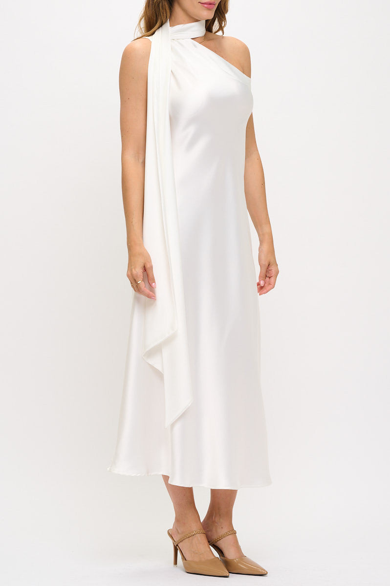 One Shoulder Satin Maxi Dress with Scarf Detail-Dresses-Reneecollection-Small-IVORY-Urbanheer