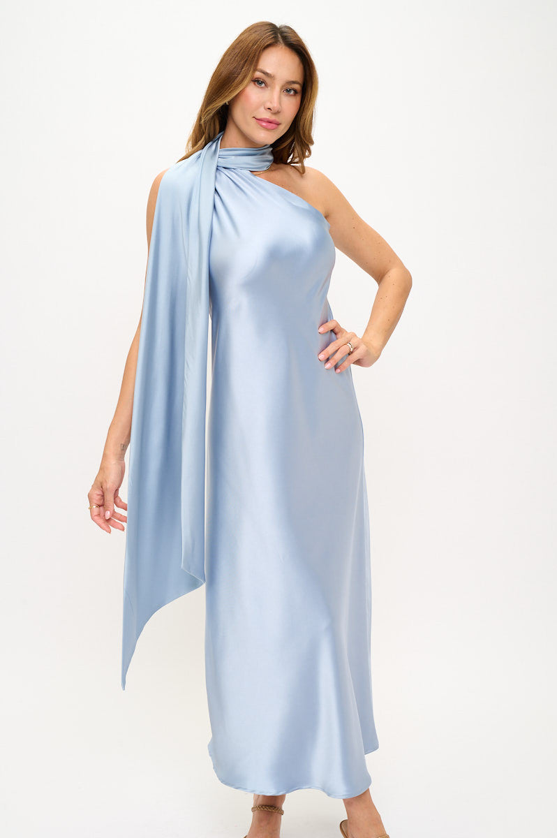 One Shoulder Satin Maxi Dress with Scarf Detail-Dresses-Reneecollection-Small-STEEL-Urbanheer