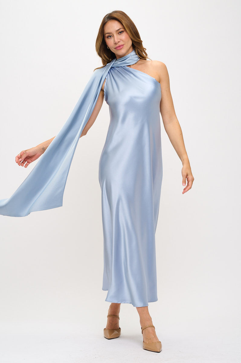 One Shoulder Satin Maxi Dress with Scarf Detail-Dresses-Reneecollection-Small-STEEL-Urbanheer