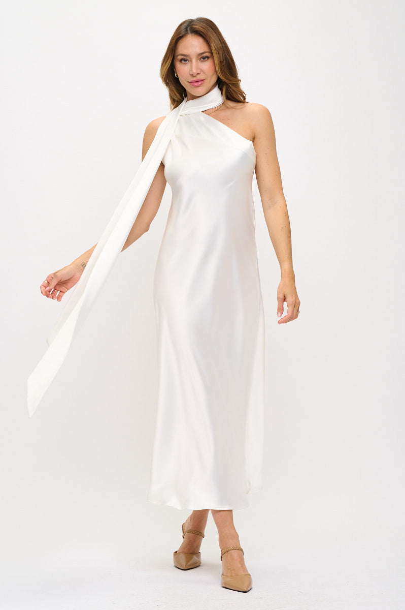One Shoulder Satin Maxi Dress with Scarf Detail-Dresses-Reneecollection-Small-IVORY-Urbanheer