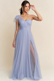 One Shoulder Tulle Tied Double Slits Details Maxi Dress Dusty Blue-Dress-Maniju-S-Dusty Blue-Urbanheer