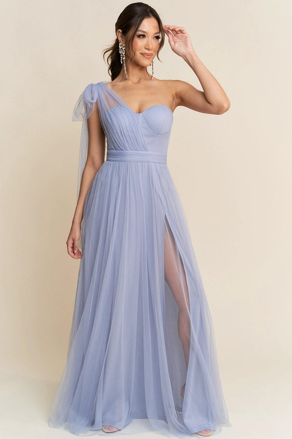 One Shoulder Tulle Tied Double Slits Details Maxi Dress Dusty Blue-Dress-Maniju-S-Dusty Blue-Urbanheer