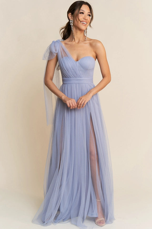 One Shoulder Tulle Tied Double Slits Details Maxi Dress Dusty Blue-Dress-Maniju-S-Dusty Blue-Urbanheer