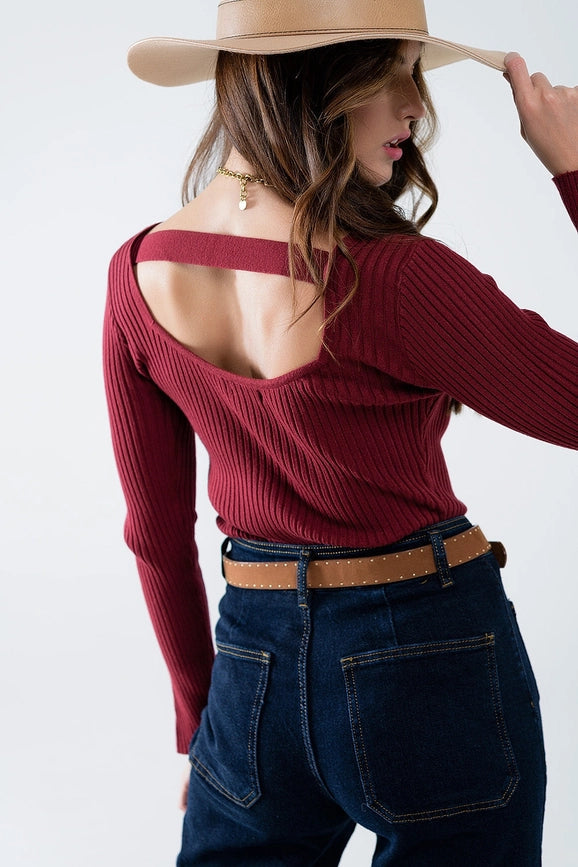 Open Back Burgundy Ribbed Sweater-Sweater-Q2-S-Red-Urbanheer