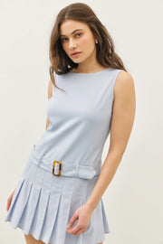 Open Back Drop-Waist Mini Dress with Belt LT. BLUE-Dress-idem ditto-S-LT. BLUE-Urbanheer