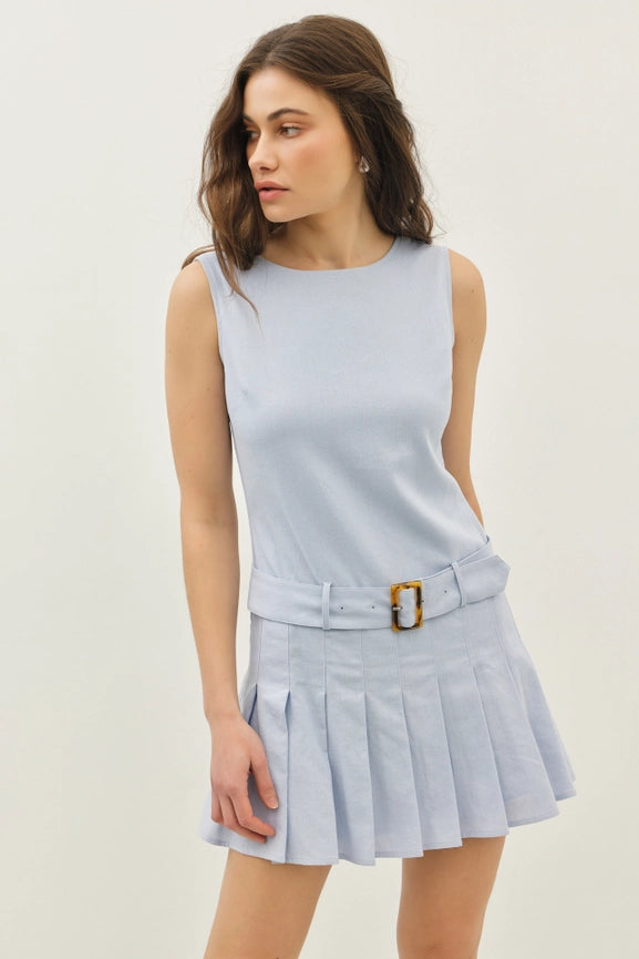 Open Back Drop-Waist Mini Dress with Belt LT. BLUE-Dress-idem ditto-S-LT. BLUE-Urbanheer