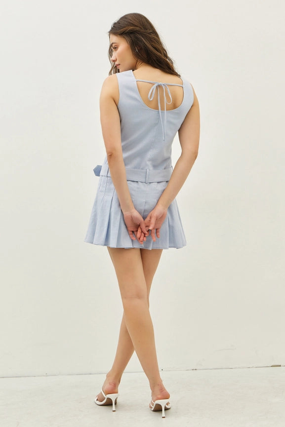 Open Back Drop-Waist Mini Dress with Belt LT. BLUE-Dress-idem ditto-S-LT. BLUE-Urbanheer