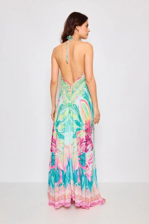 Open Back Long Dress with Rhinestones Blue-Dress-Frime-Blue-Urbanheer