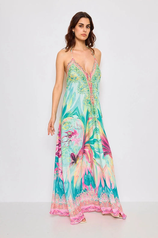 Open Back Long Dress with Rhinestones Blue-Dress-Frime-Blue-Urbanheer