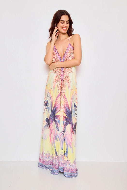 Open Back Long Dress with Rhinestones Yellow-Dress-Frime-Yellow-Urbanheer