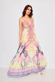 Open Back Long Dress with Rhinestones Yellow-Dress-Frime-Yellow-Urbanheer