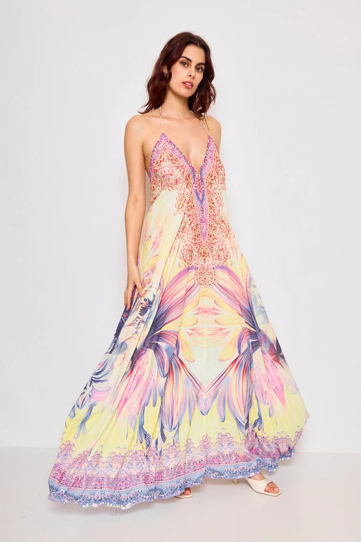 Open Back Long Dress with Rhinestones Yellow-Dress-Frime-Yellow-Urbanheer