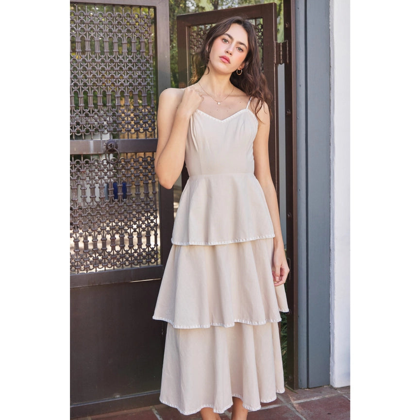 Open-Back Ruffle Midi Dress with Contrast Stitch NATURAL-Dress-idem ditto-S-NATURAL-Urbanheer