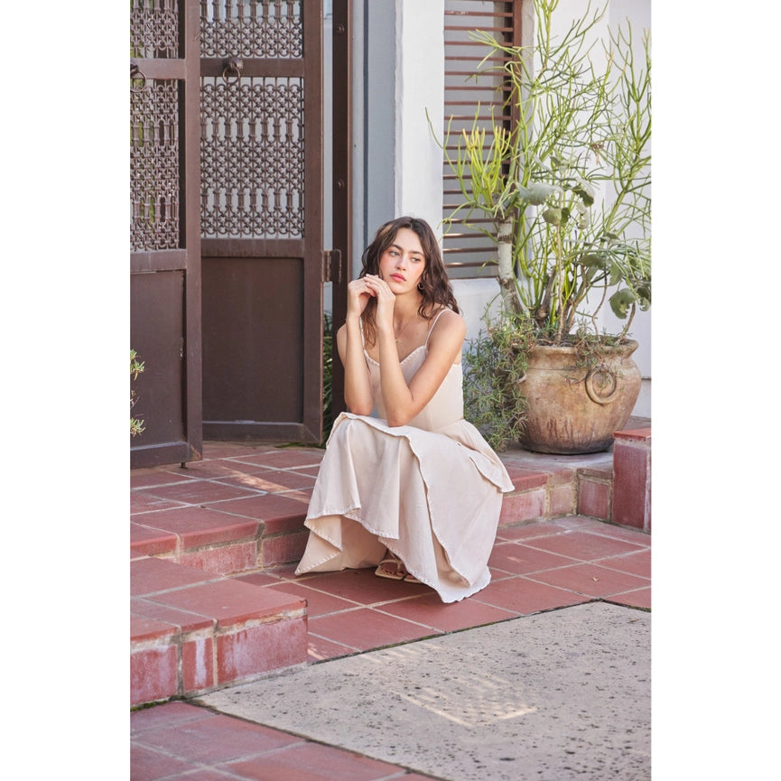 Open-Back Ruffle Midi Dress with Contrast Stitch NATURAL-Dress-idem ditto-S-NATURAL-Urbanheer