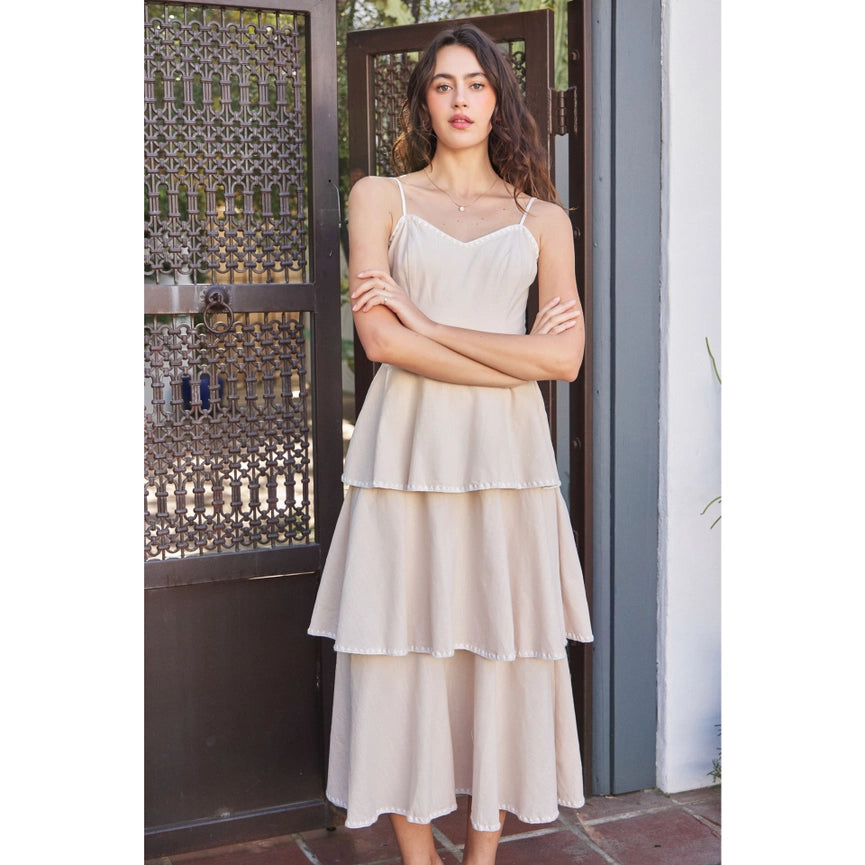 Open-Back Ruffle Midi Dress with Contrast Stitch NATURAL-Dress-idem ditto-S-NATURAL-Urbanheer