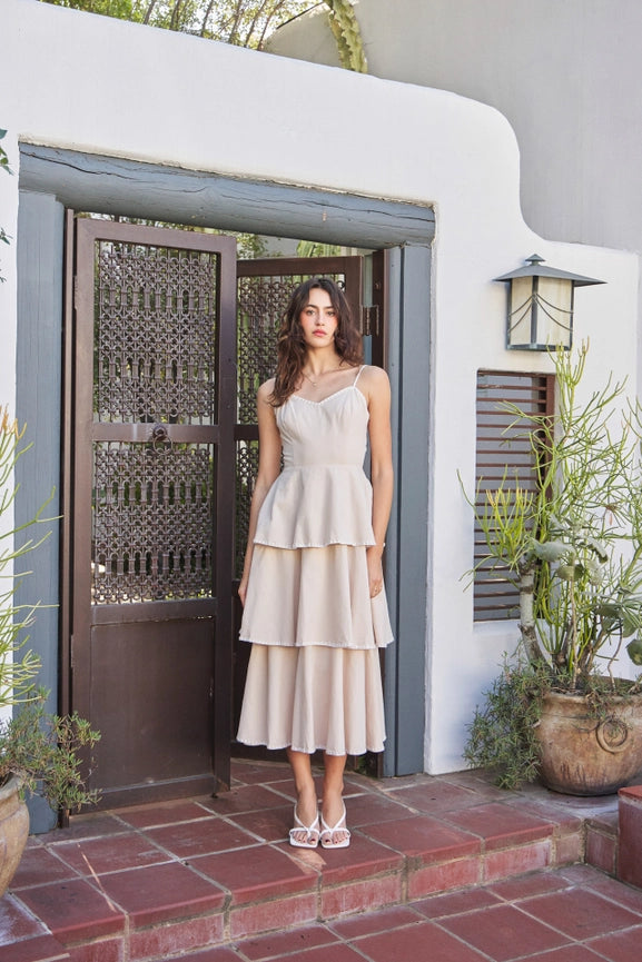 Open-Back Ruffle Midi Dress with Contrast Stitch NATURAL-Dress-idem ditto-S-NATURAL-Urbanheer