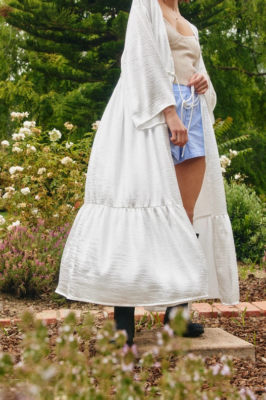 Open Front Satin Effect Ruffled Kimono Pearl-Kimono-Lara Daisy-S/M-Pearl-Urbanheer