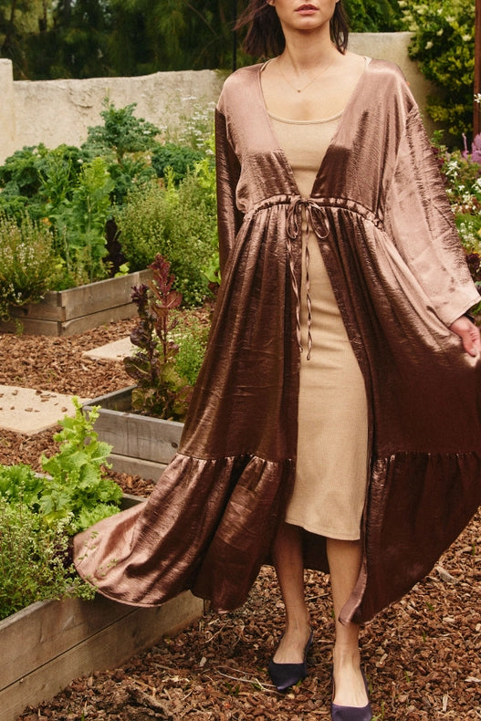 Open Front Satin Effect Ruffled Kimono Rose Taupe-Kimono-Lara Daisy-S/M-Rose Taupe-Urbanheer