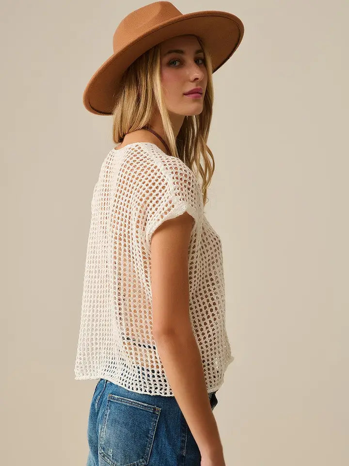 Open Knit Crochet Dropped Sleeved Top in White-Top-Q2-OS-WHITE-Urbanheer