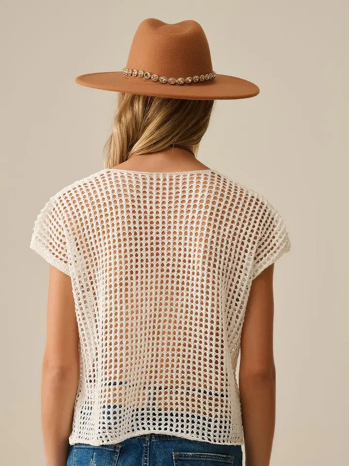 Open Knit Crochet Dropped Sleeved Top in White-Top-Q2-OS-WHITE-Urbanheer