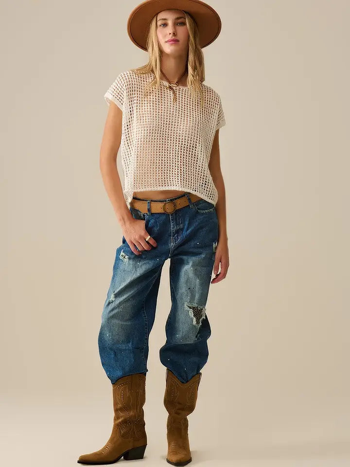 Open Knit Crochet Dropped Sleeved Top in White-Top-Q2-OS-WHITE-Urbanheer