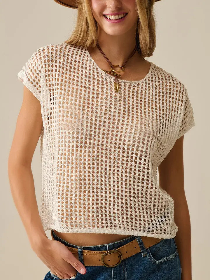 Open Knit Crochet Dropped Sleeved Top in White-Top-Q2-OS-WHITE-Urbanheer