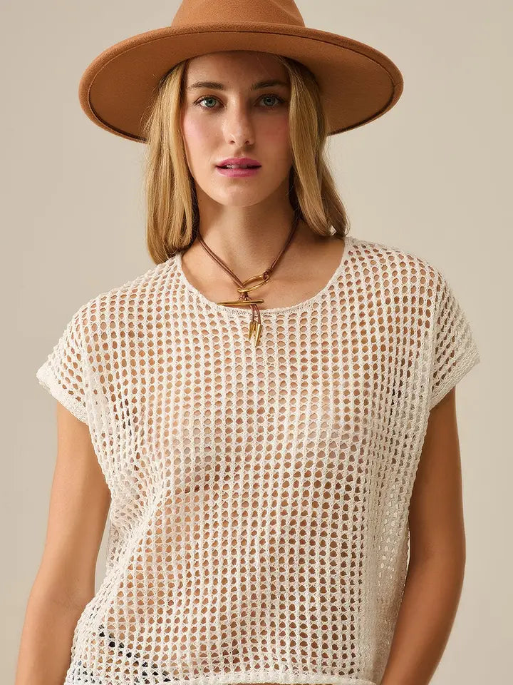 Open Knit Crochet Dropped Sleeved Top in White-Top-Q2-OS-WHITE-Urbanheer