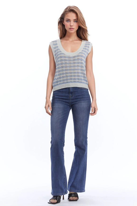 Open Knit Cropped Striped Sleeveless Sweater in Blue and White-Sweater-Q2-One Size-Blue-Urbanheer