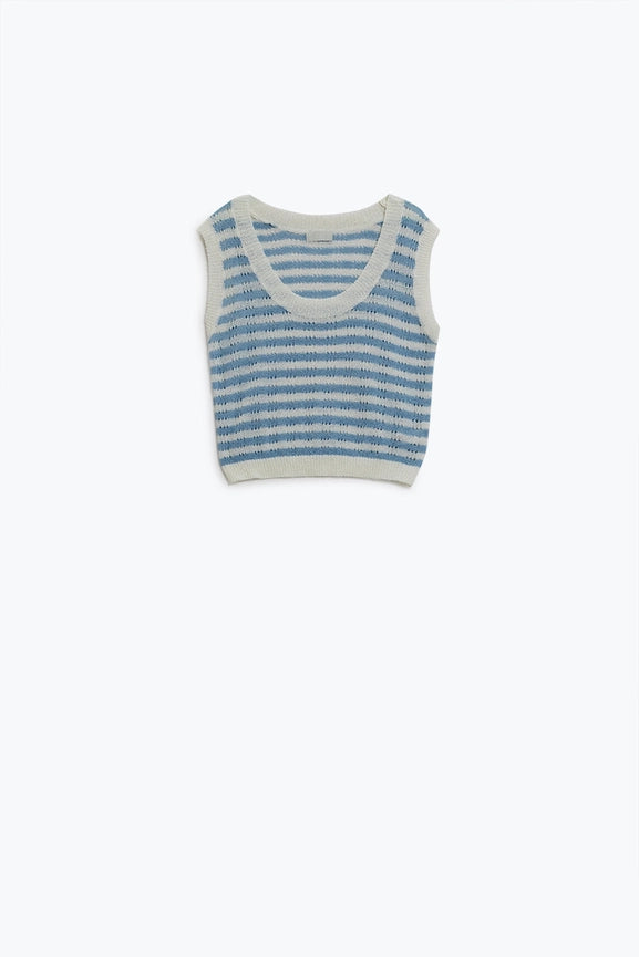 Open Knit Cropped Striped Sleeveless Sweater in Blue and White-Sweater-Q2-One Size-Blue-Urbanheer