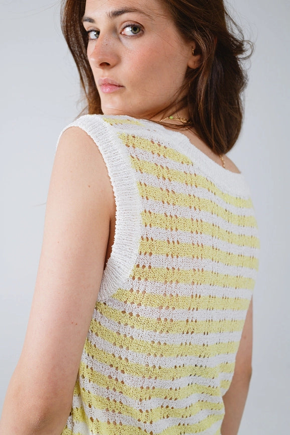 Open Knit Cropped Striped Sleeveless Sweater in Yellow and White-Sweater-Q2-One Size-Yellow-Urbanheer