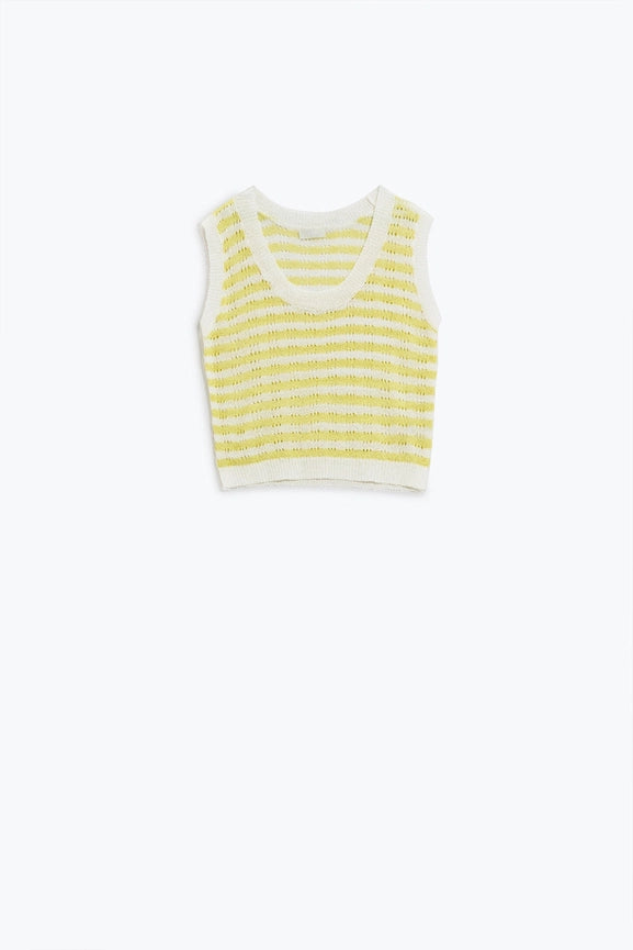 Open Knit Cropped Striped Sleeveless Sweater in Yellow and White-Sweater-Q2-One Size-Yellow-Urbanheer