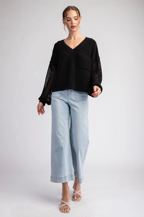 Open Knit Long Sleeve Sweater Top BLACK-Sweater Top-Peace Love Line-S-Urbanheer