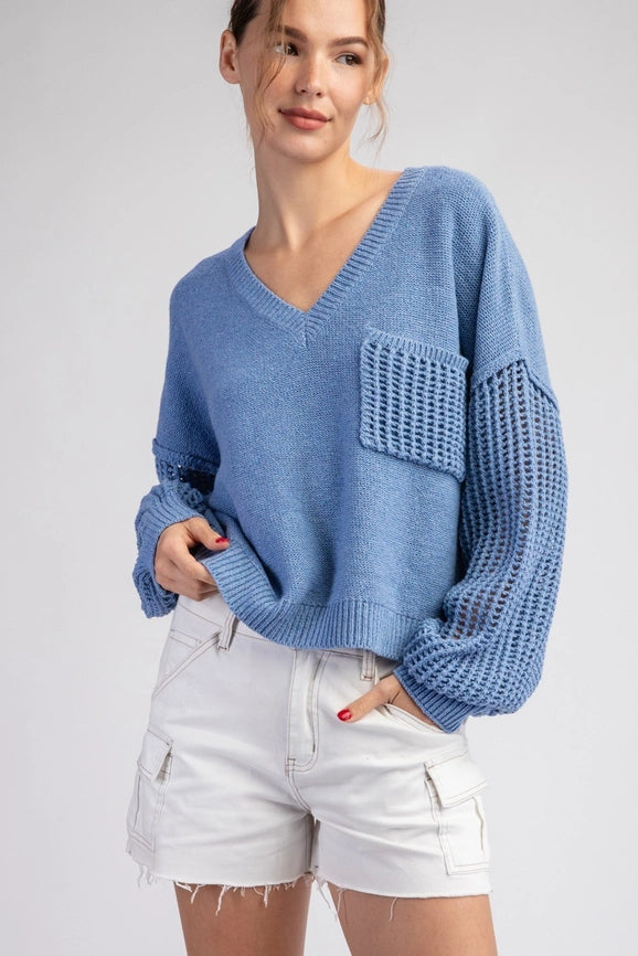 Open Knit Long Sleeve Sweater Top DENIM-Sweater Top-Peace Love Line-S-Urbanheer