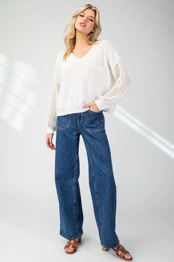 Open Knit Long Sleeve Sweater Top OFF WHITE-Sweater Top-Peace Love Line-S-Urbanheer