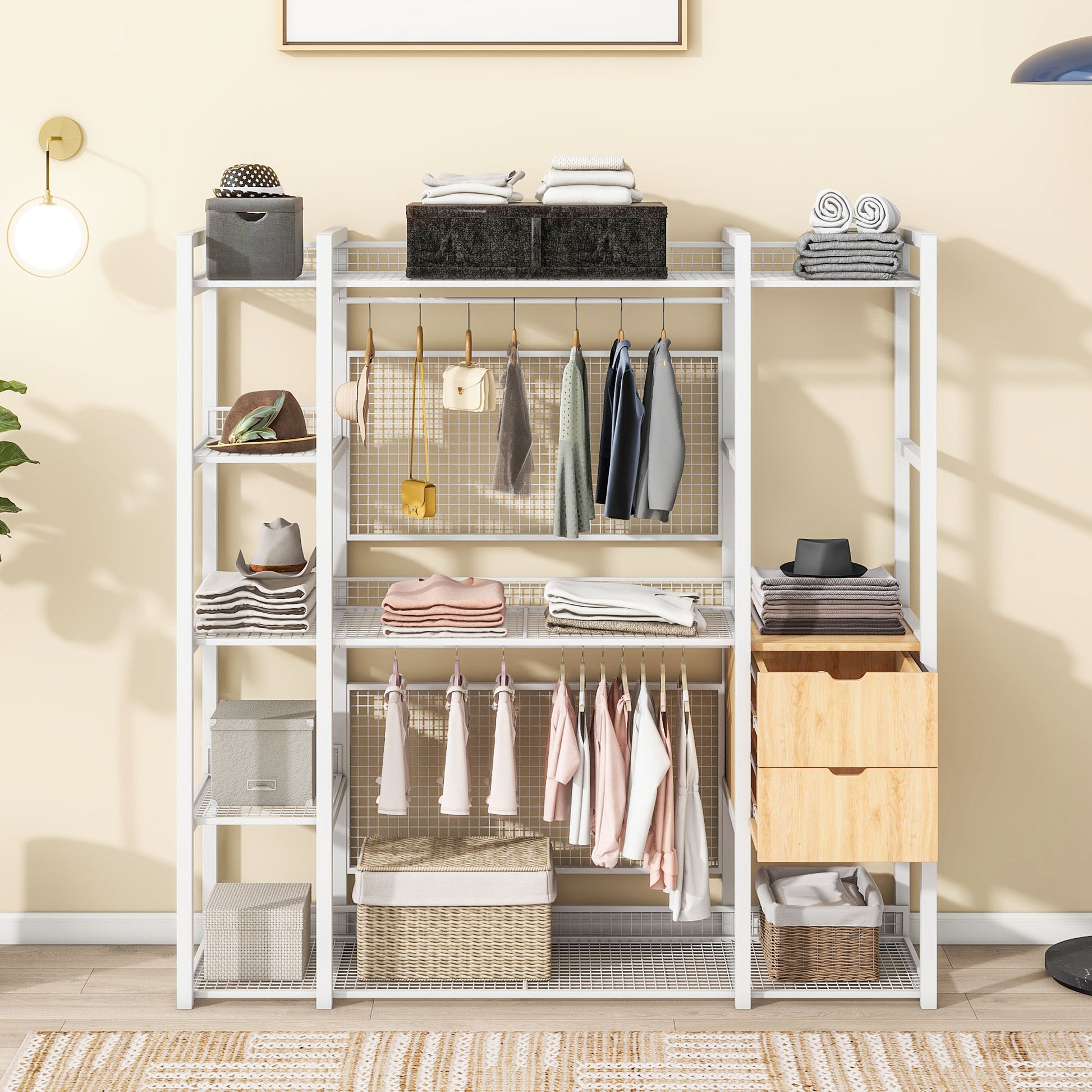 Open-Style Wardrobe with Hanging Rails, Shelves and Drawers, White-UH Decor-Default-Urbanheer