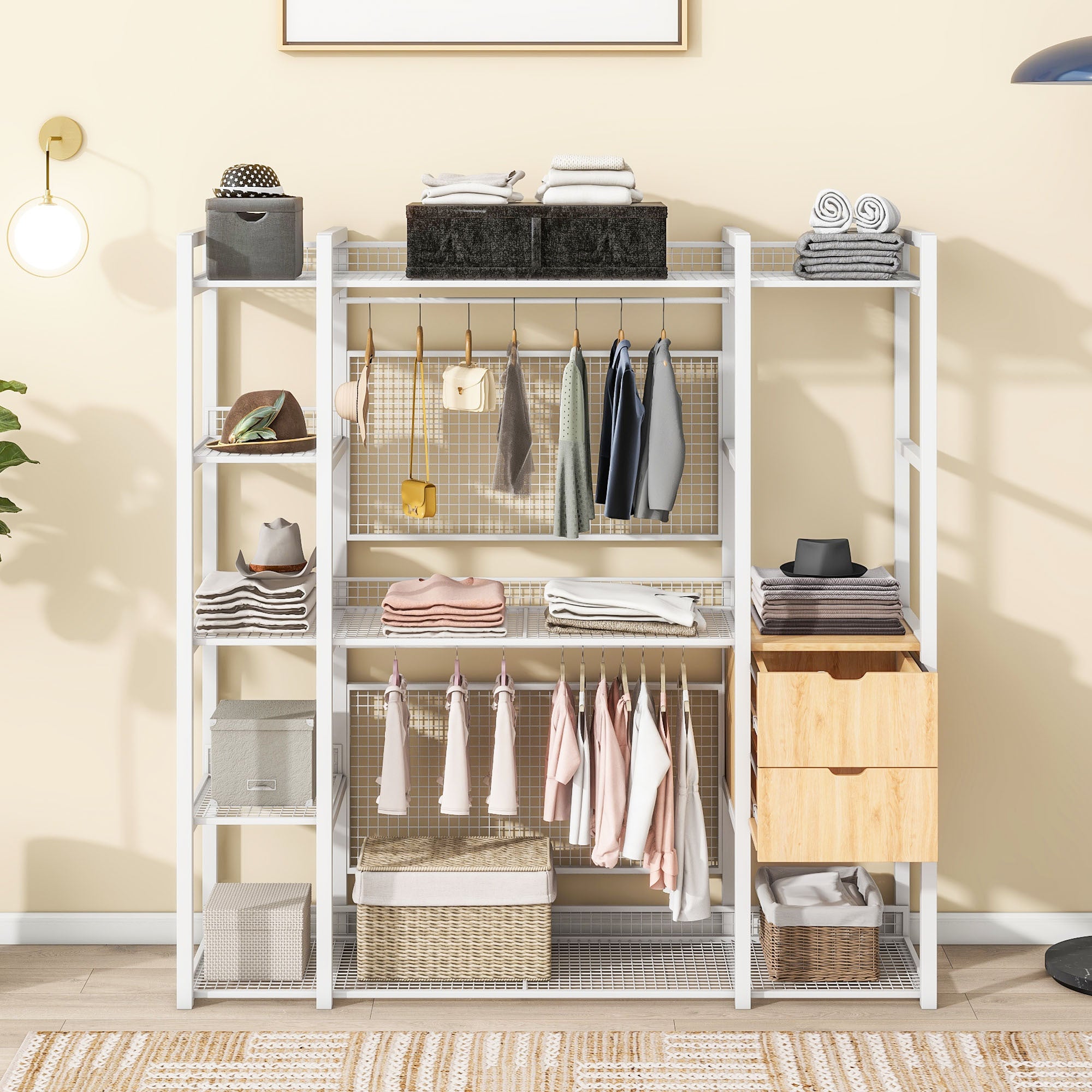 Open-Style Wardrobe with Hanging Rails, Shelves and Drawers, White-UH Decor-Default-Urbanheer