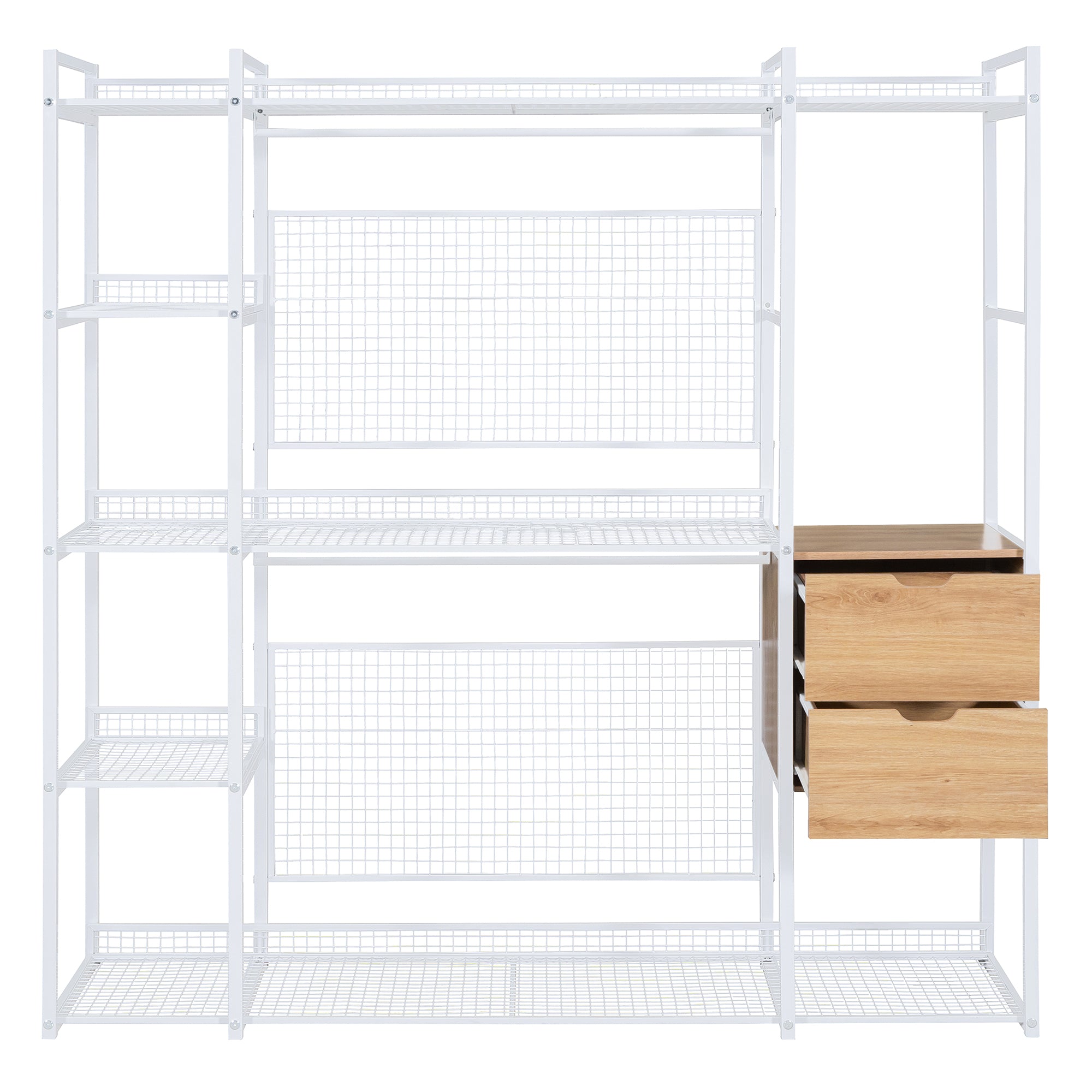 Open-Style Wardrobe with Hanging Rails, Shelves and Drawers, White-UH Decor-Default-Urbanheer