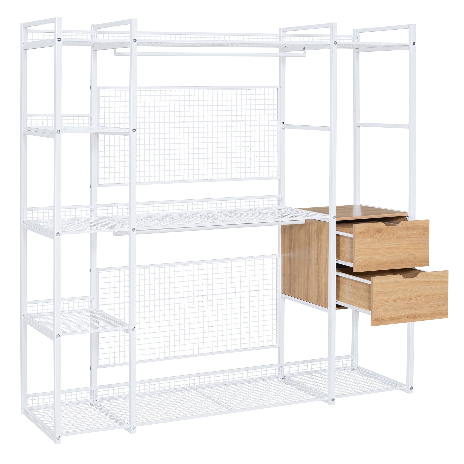 Open-Style Wardrobe with Hanging Rails, Shelves and Drawers, White-UH Decor-Default-Urbanheer