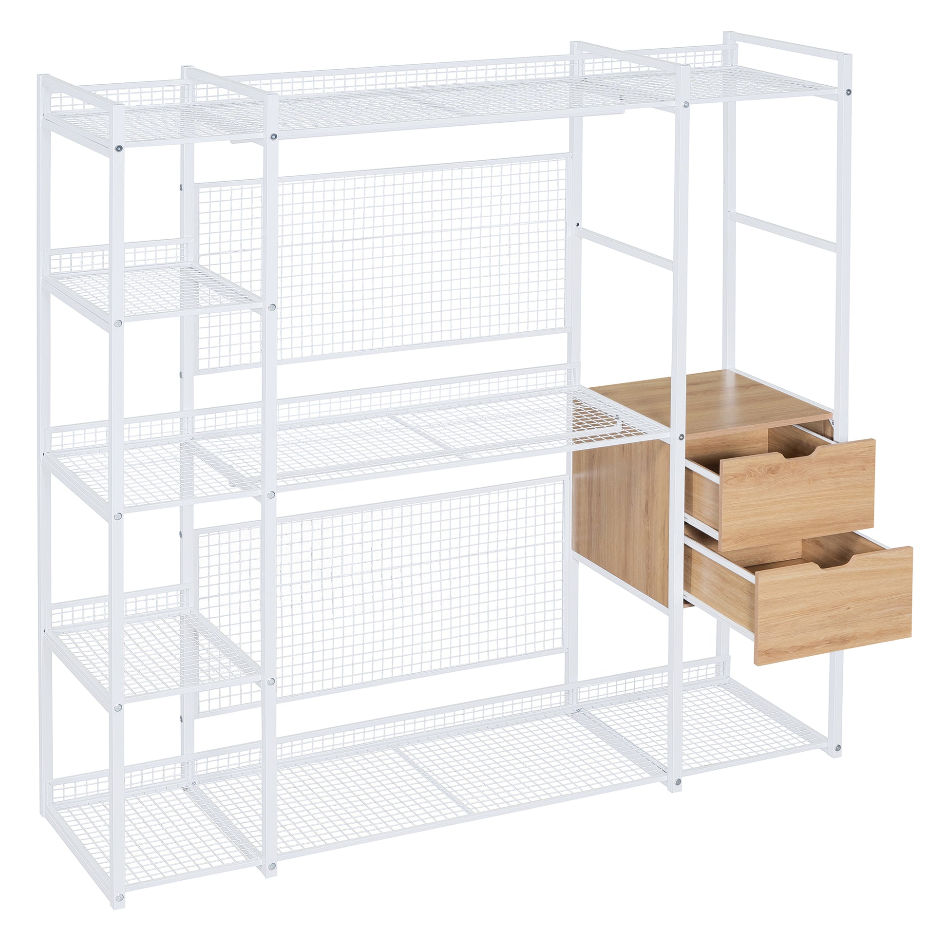 Open-Style Wardrobe with Hanging Rails, Shelves and Drawers, White-UH Decor-Default-Urbanheer