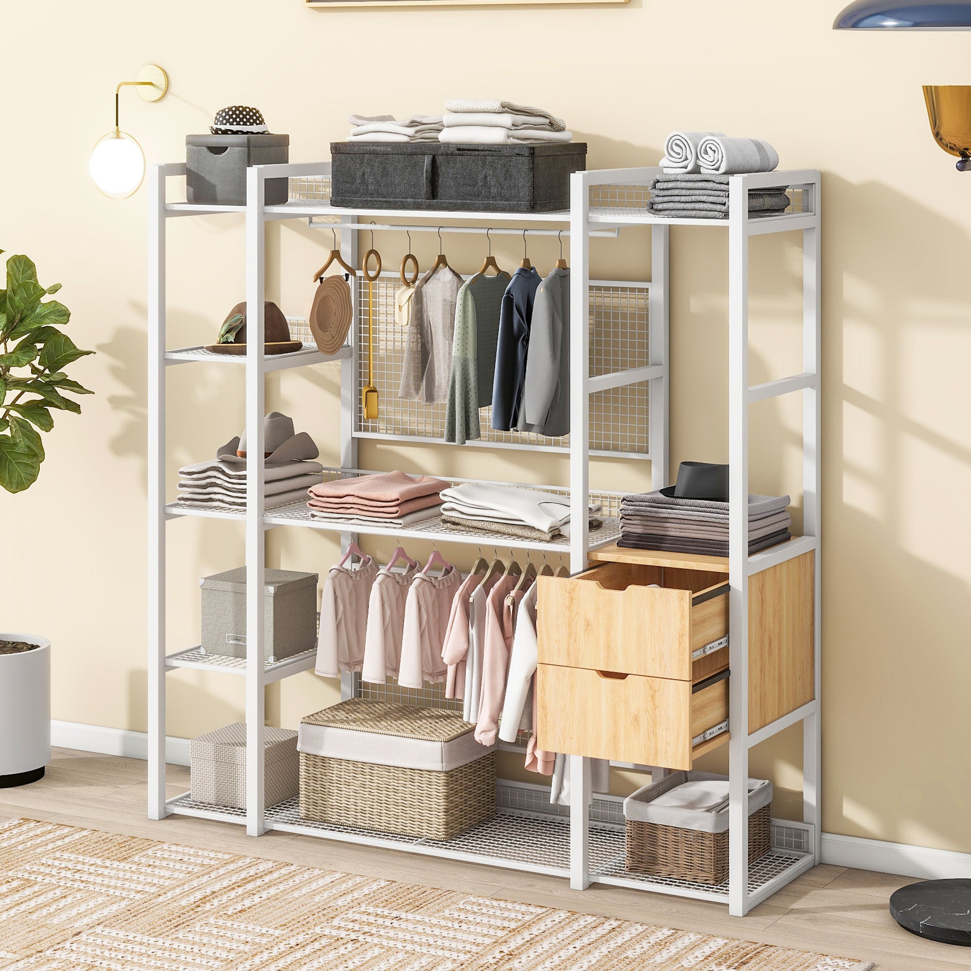 Open-Style Wardrobe with Hanging Rails, Shelves and Drawers, White-UH Decor-Default-Urbanheer