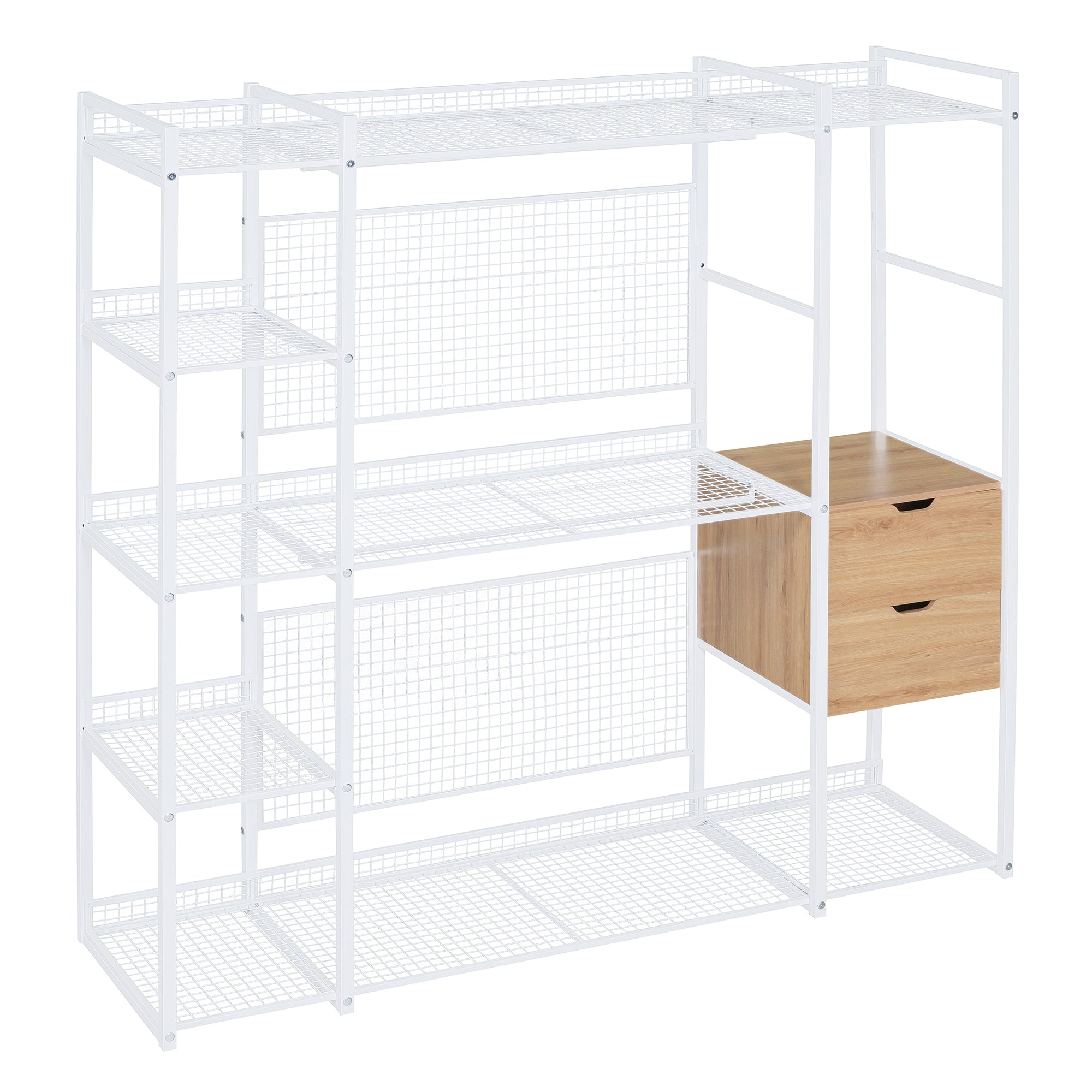 Open-Style Wardrobe with Hanging Rails, Shelves and Drawers, White-UH Decor-Default-Urbanheer