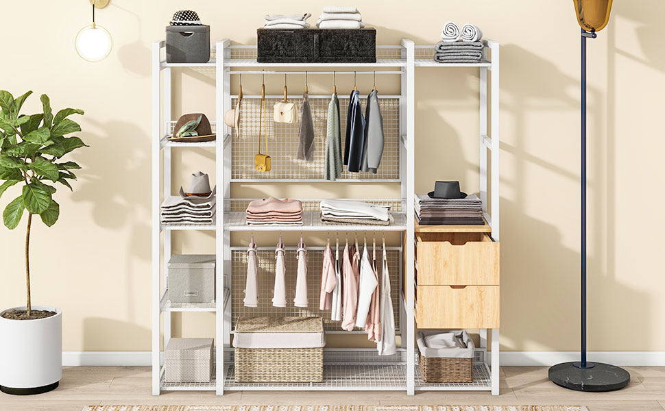 Open-Style Wardrobe with Hanging Rails, Shelves and Drawers, White-UH Decor-Default-Urbanheer