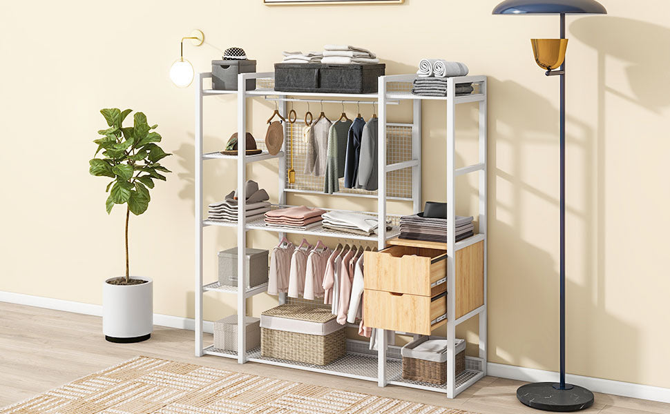 Open-Style Wardrobe with Hanging Rails, Shelves and Drawers, White-UH Decor-Default-Urbanheer