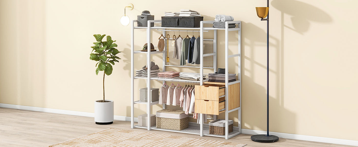 Open-Style Wardrobe with Hanging Rails, Shelves and Drawers, White-UH Decor-Default-Urbanheer