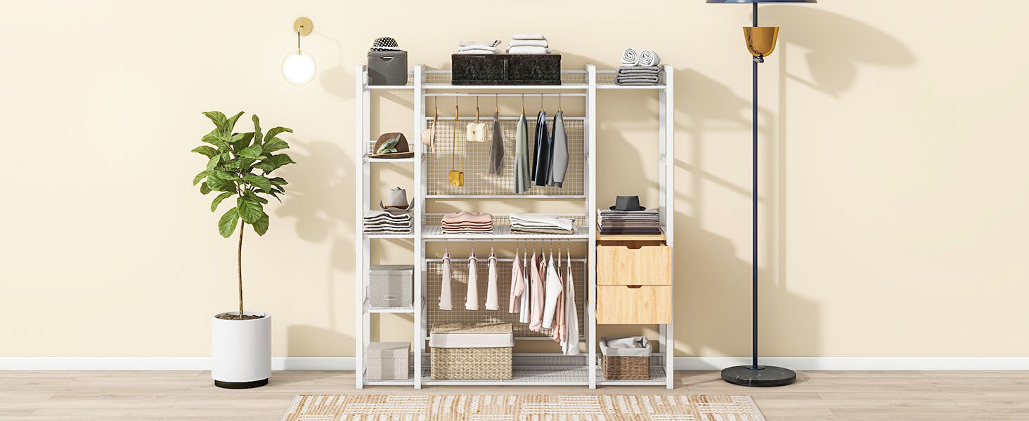 Open-Style Wardrobe with Hanging Rails, Shelves and Drawers, White-UH Decor-Default-Urbanheer